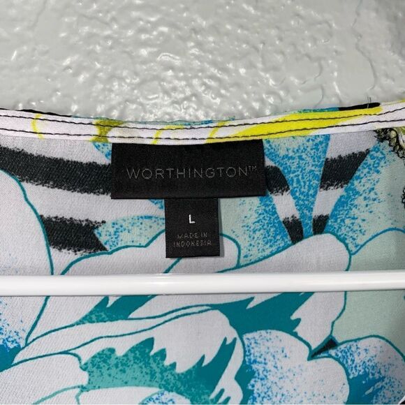 Worthington Womens Floral Striped V-Neck Ruffle Trim Button Front Blouse Large - Picture 4 of 5